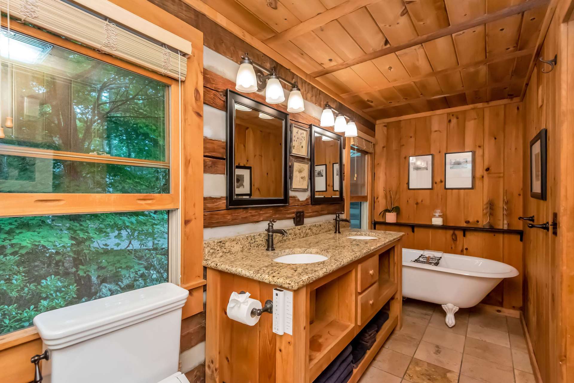 The clawfoot soaking tub is perfect for unwinding after a long day.