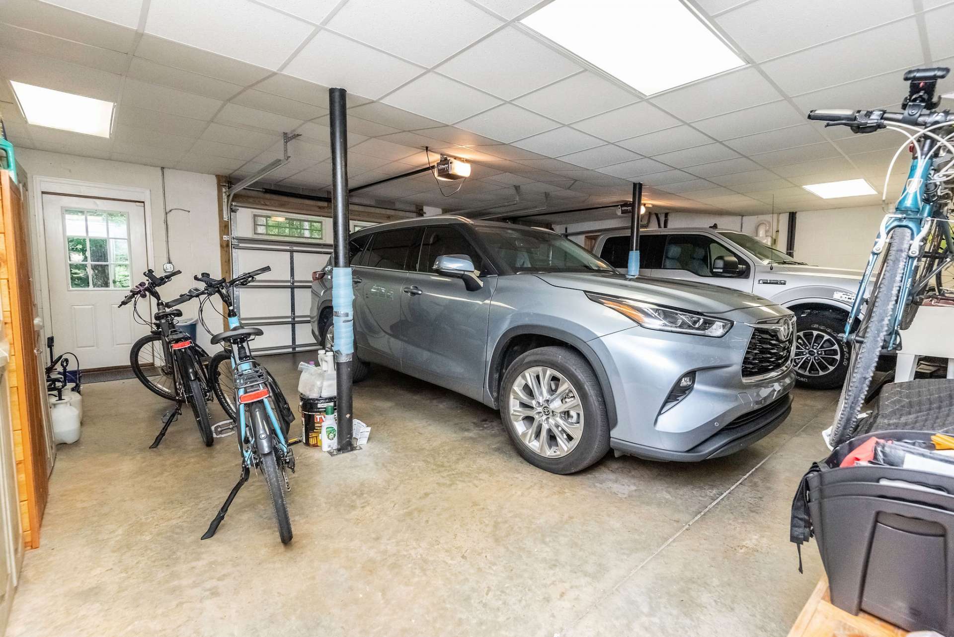 Oversized two car garage offers extra space for storing bikes.