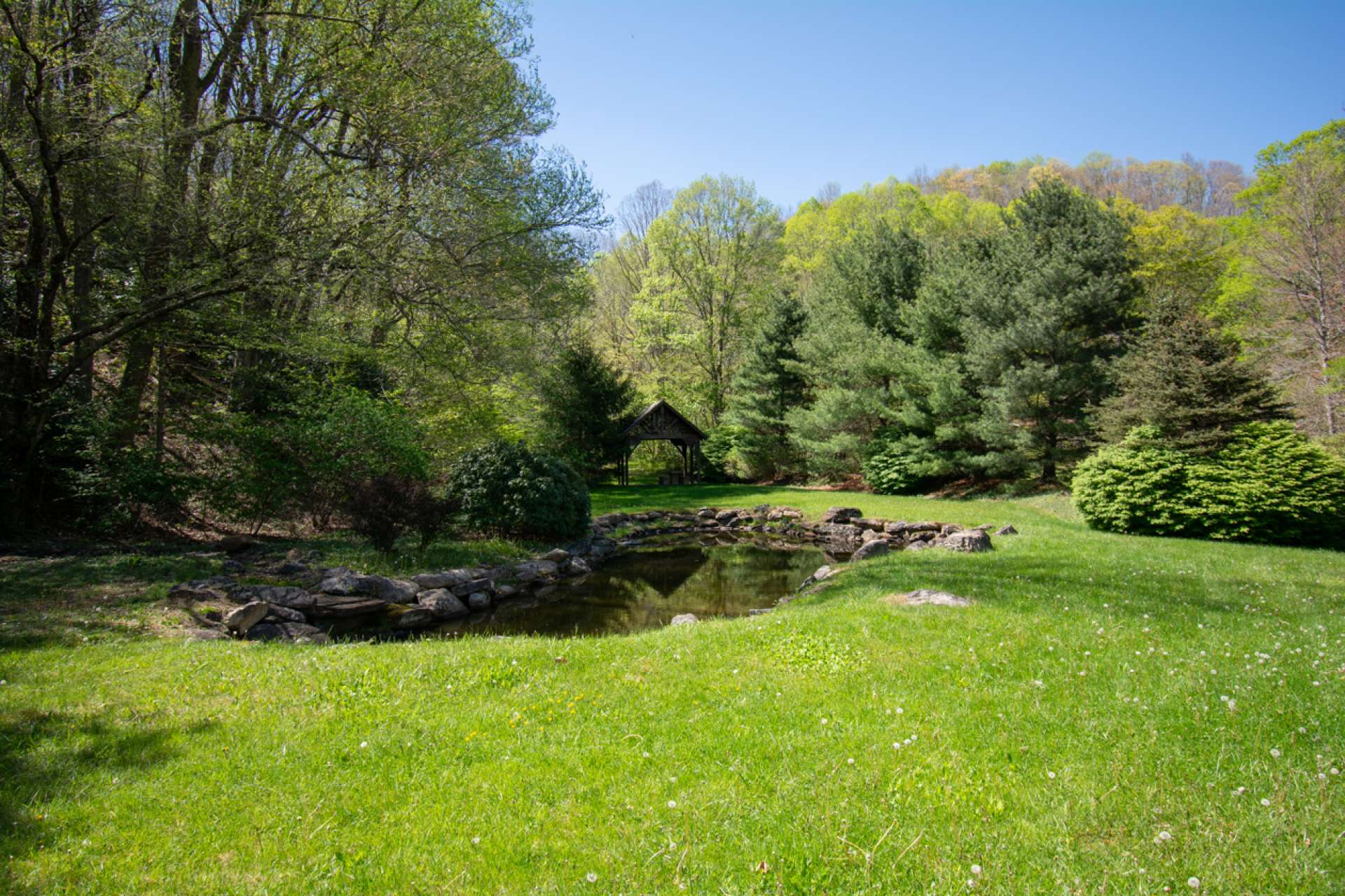 Common area with small pond and picnic gazebo