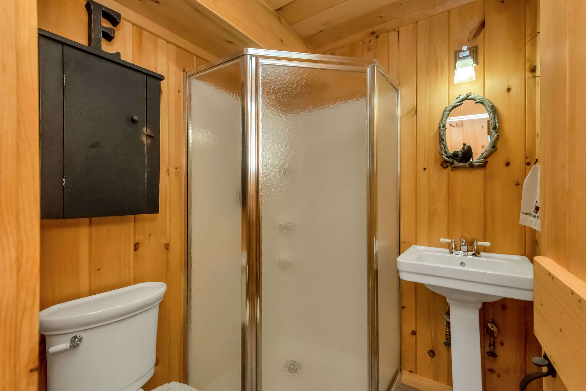 Lower level full bath with a walk-in shower.