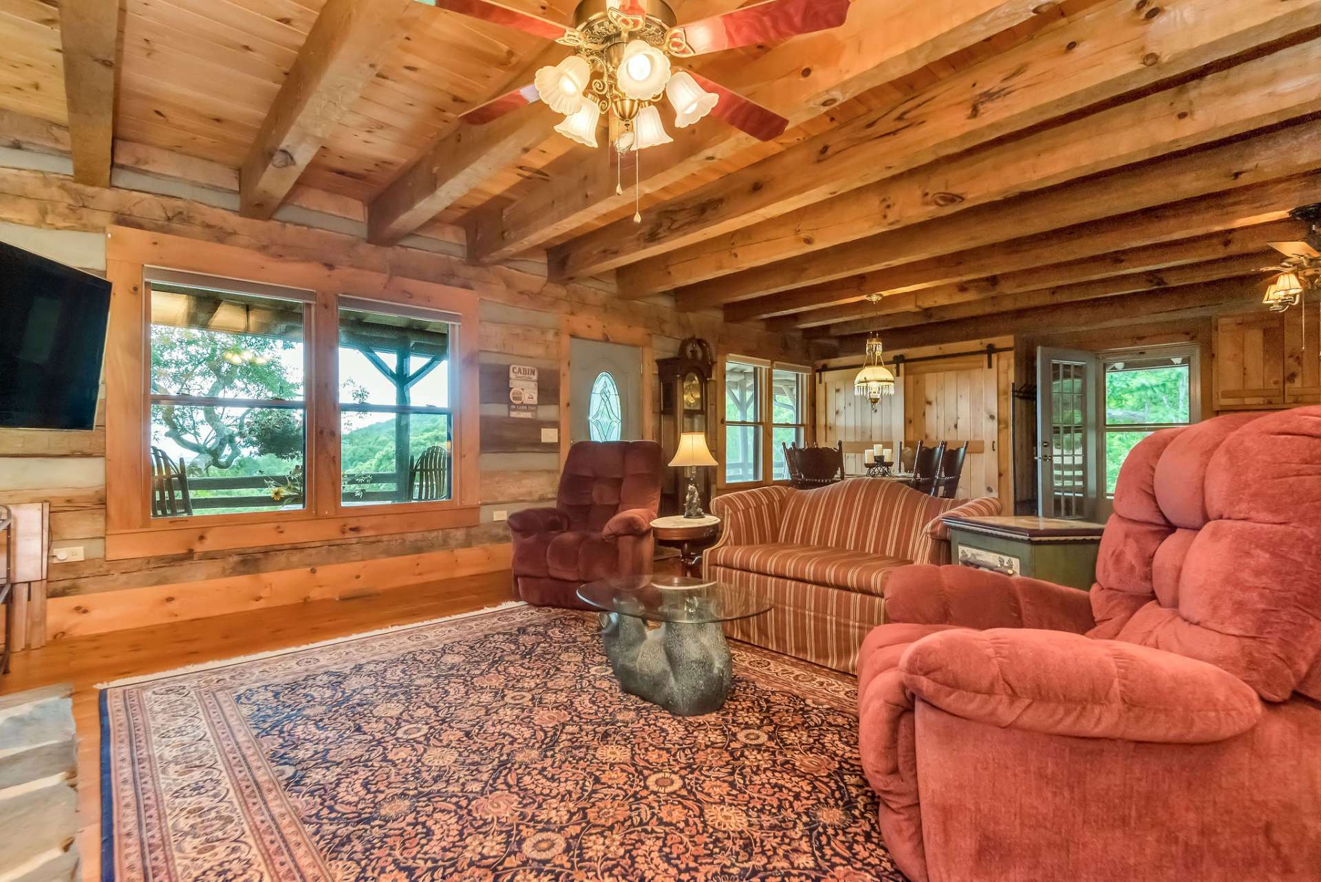 The rustic beamed ceilings add to the mountain feel!